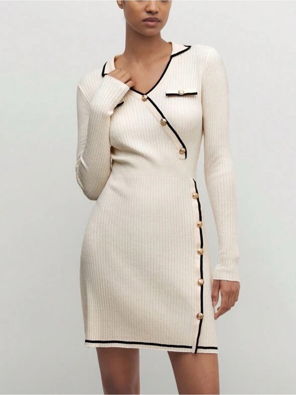 Cream Rib-Knit Button-Trim Long Sleeve Dress